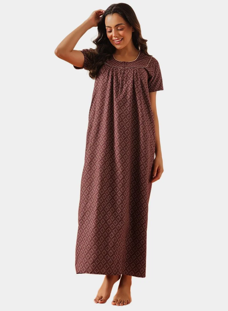 كلوفيا Geometric Print Long Nighty in Maroon - Cotton